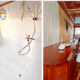 3 days shared trip. A bright bathroom with a shower and toilet, alongside a wooden dining area with a table and chairs overlooking water views.