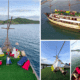 3 days shared trip. A boat with colorful bean bags on deck, people relaxing, scenic water and hills in the background, and a view from above.