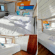 3 days shared trip. Bright and airy cabin with a large bed, pillow arrangements, decorative cushions, and a window showcasing water views.