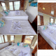 3 days shared trip. Cozy cabin with two beds and decorative pillows, large windows offering water views, wooden accents, and bright lighting.
