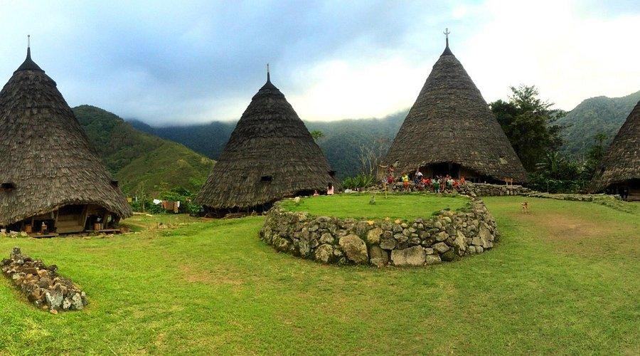 Wae Rebo Village. Traditional conical roof houses surrounded by lush greenery and mountains under a cloudy sky. Stone circle in the foreground.