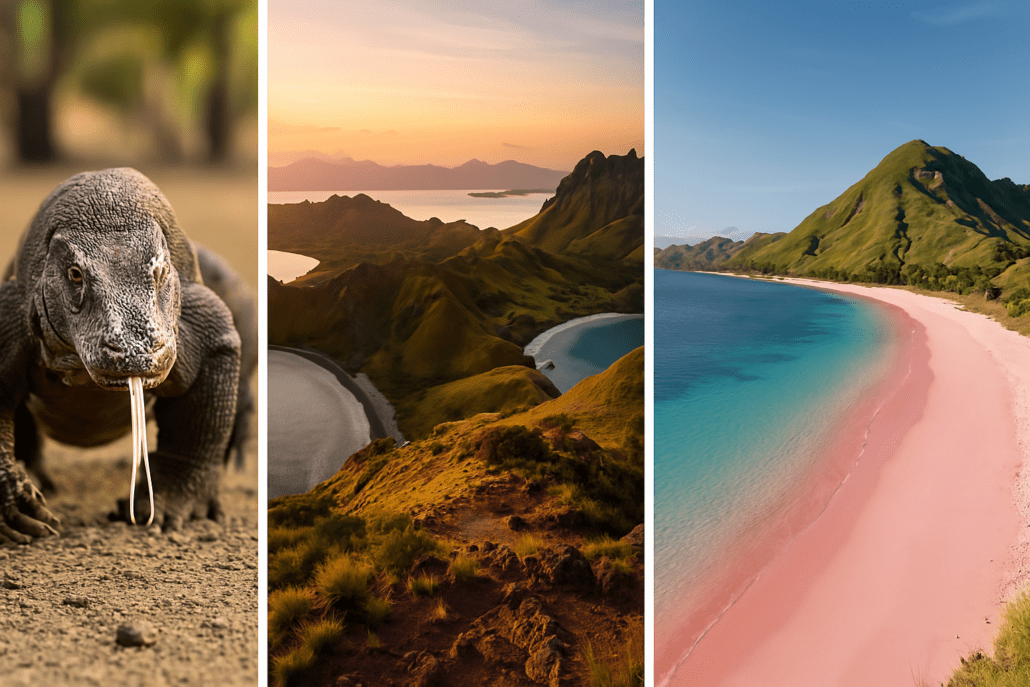 How to get to Komodo island. Komodo dragon, stunning Padar Island sunset, and picturesque pink sand beach, capturing Komodo National Park's allure.