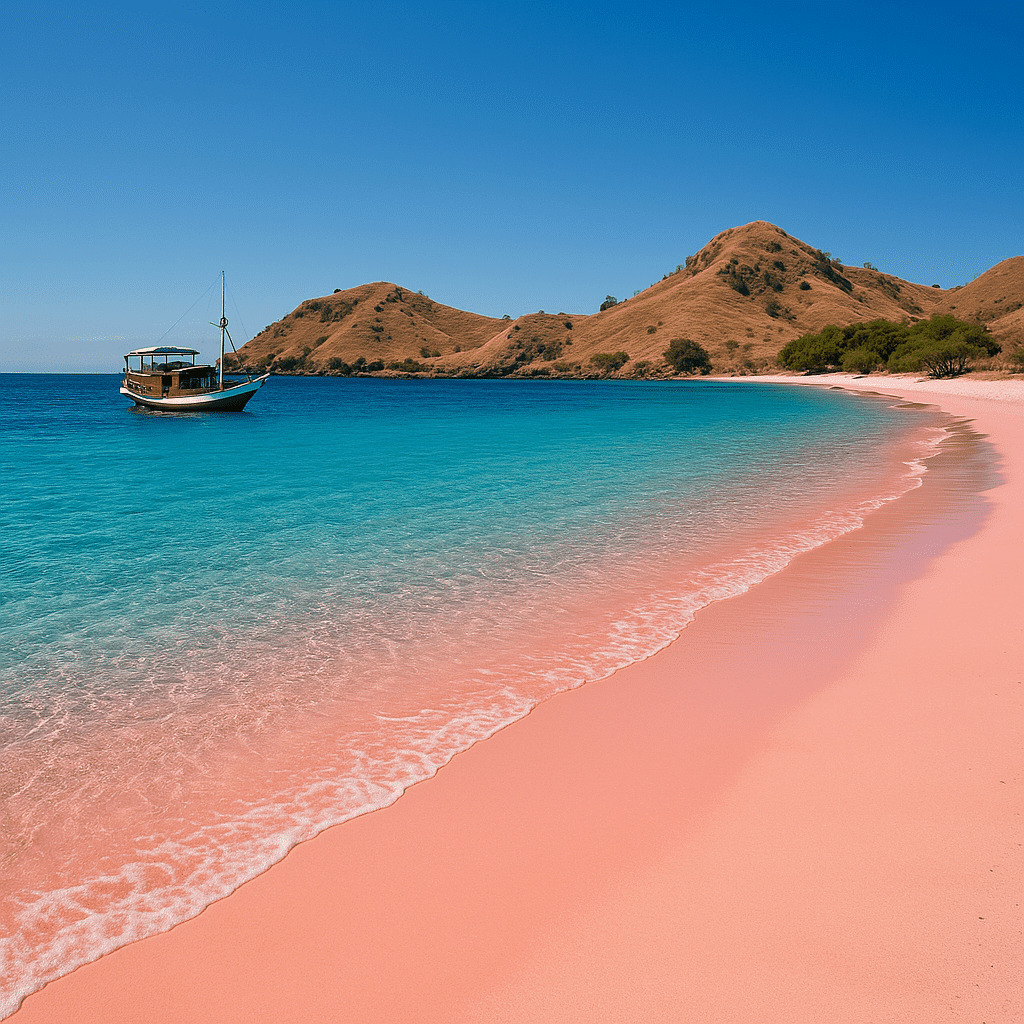 Komodo pink beach. Scenic view of pink beach with turquoise waters and a boat near hilly landscape under a clear blue sky.