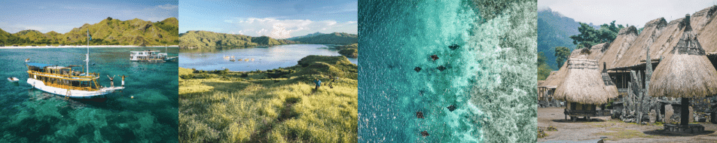 Different boattrip images - A collage featuring a boat on clear water, lush hills, turquoise ocean, and traditional thatched-roof huts.