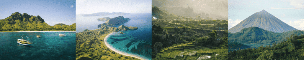 Book your trip - Four scenic landscapes featuring lush green hills, serene beaches, vibrant islands, and majestic volcanic mountains.