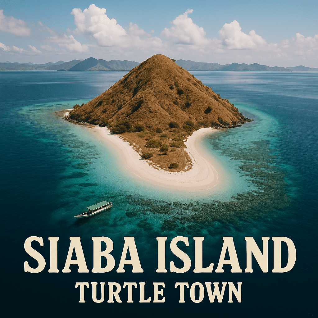 Siana Island, Labuan Bajo. Lush Siaba Island features a green hill surrounded by turquoise waters and a sandy beach, with a boat in the foreground.