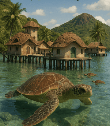 siaba island. A sea turtle swims in clear water near quaint, thatched-roof houses on stilts, surrounded by lush greenery and mountains.